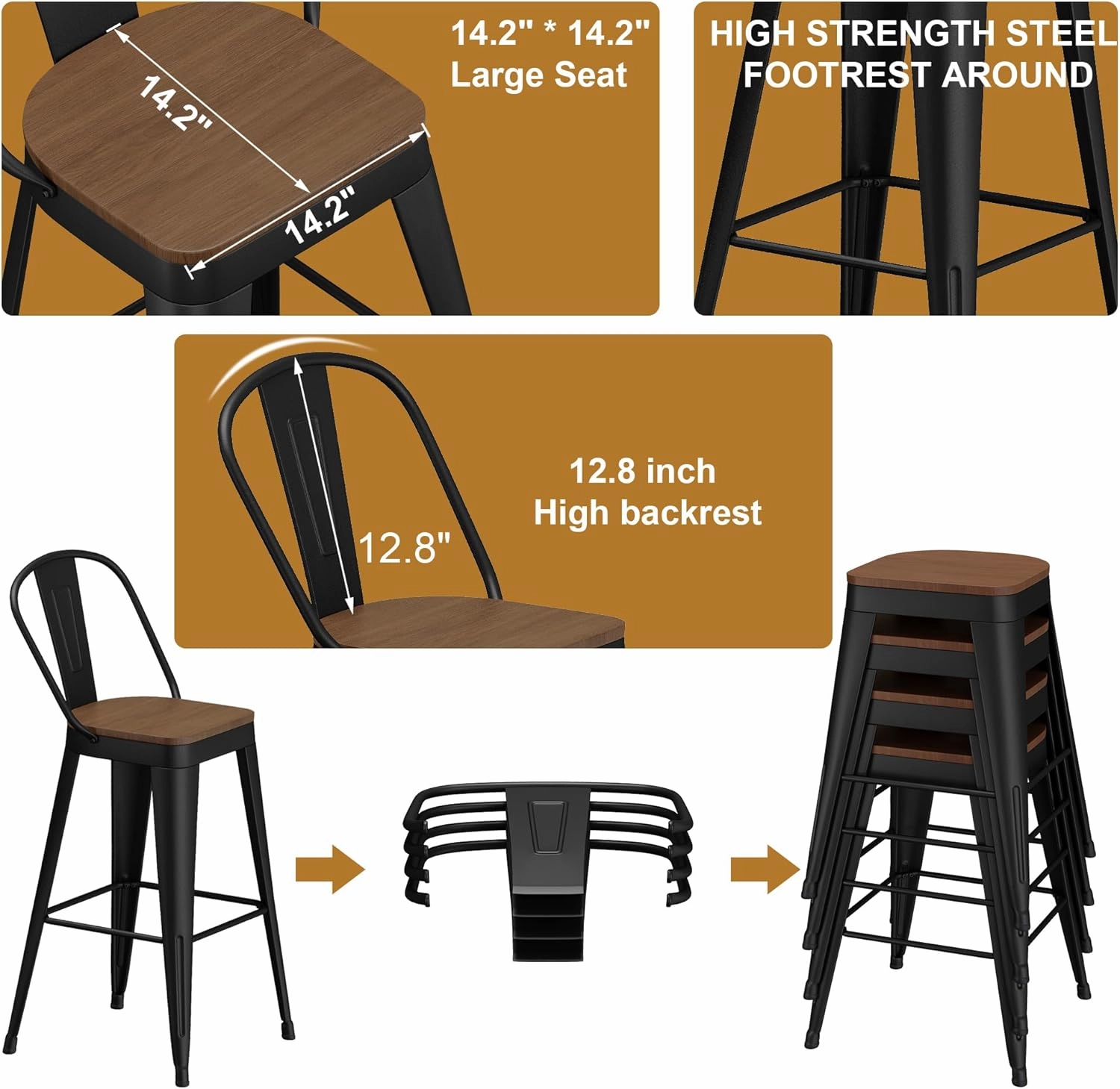 Andeworld Metal Bar Stools Set of 4, 24 inch Counter Height Barstools with Backs Farmhouse Modern High Back Bar Stools with Larger Seat Kitchen Dining Bar Chairs,Matte Black