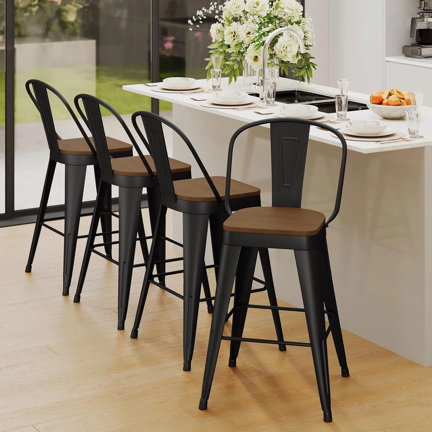 Andeworld Metal Bar Stools Set of 4, 24 inch Counter Height Barstools with Backs Farmhouse Modern High Back Bar Stools with Larger Seat Kitchen Dining Bar Chairs,Matte Black