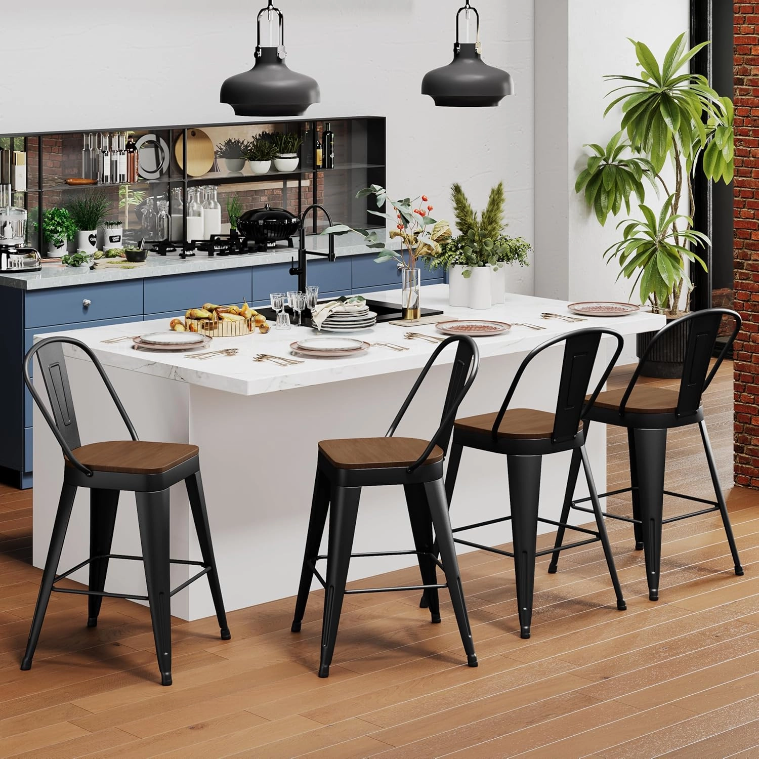 Andeworld Metal Bar Stools Set of 4, 24 inch Counter Height Barstools with Backs Farmhouse Modern High Back Bar Stools with Larger Seat Kitchen Dining Bar Chairs,Matte Black