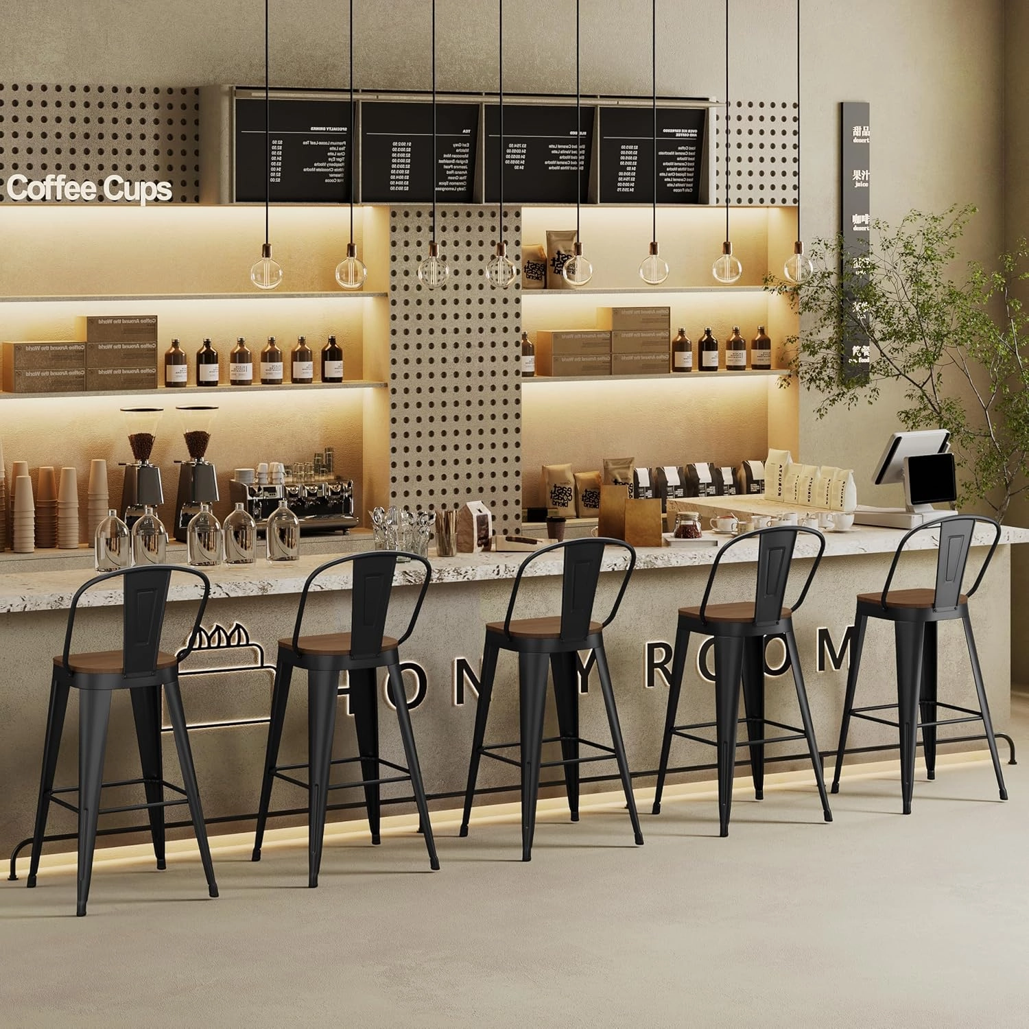 Andeworld Metal Bar Stools Set of 4, 24 inch Counter Height Barstools with Backs Farmhouse Modern High Back Bar Stools with Larger Seat Kitchen Dining Bar Chairs,Matte Black