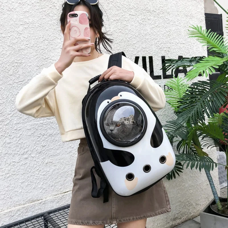 ANYWAGS Pet Carrier Pink Cat with Glasses Print Breathable Space Capsule Travel On the Go Bag For Pet