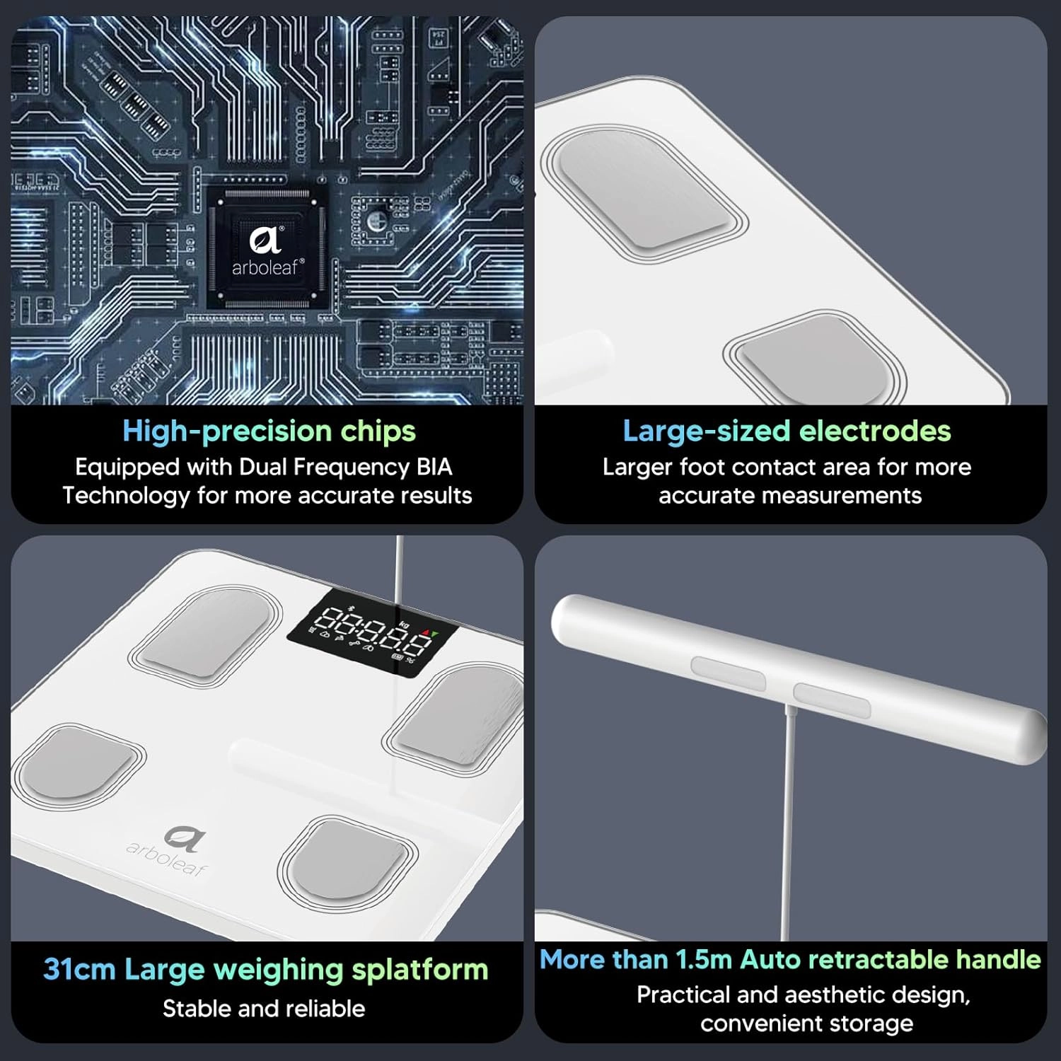 arboleaf Scale for Body Weight, Bluetooth Smart Digital Weighing Scales with 8 Electrode, High Precision 26 Body Composition Analyzer for BMI Muscle Mass