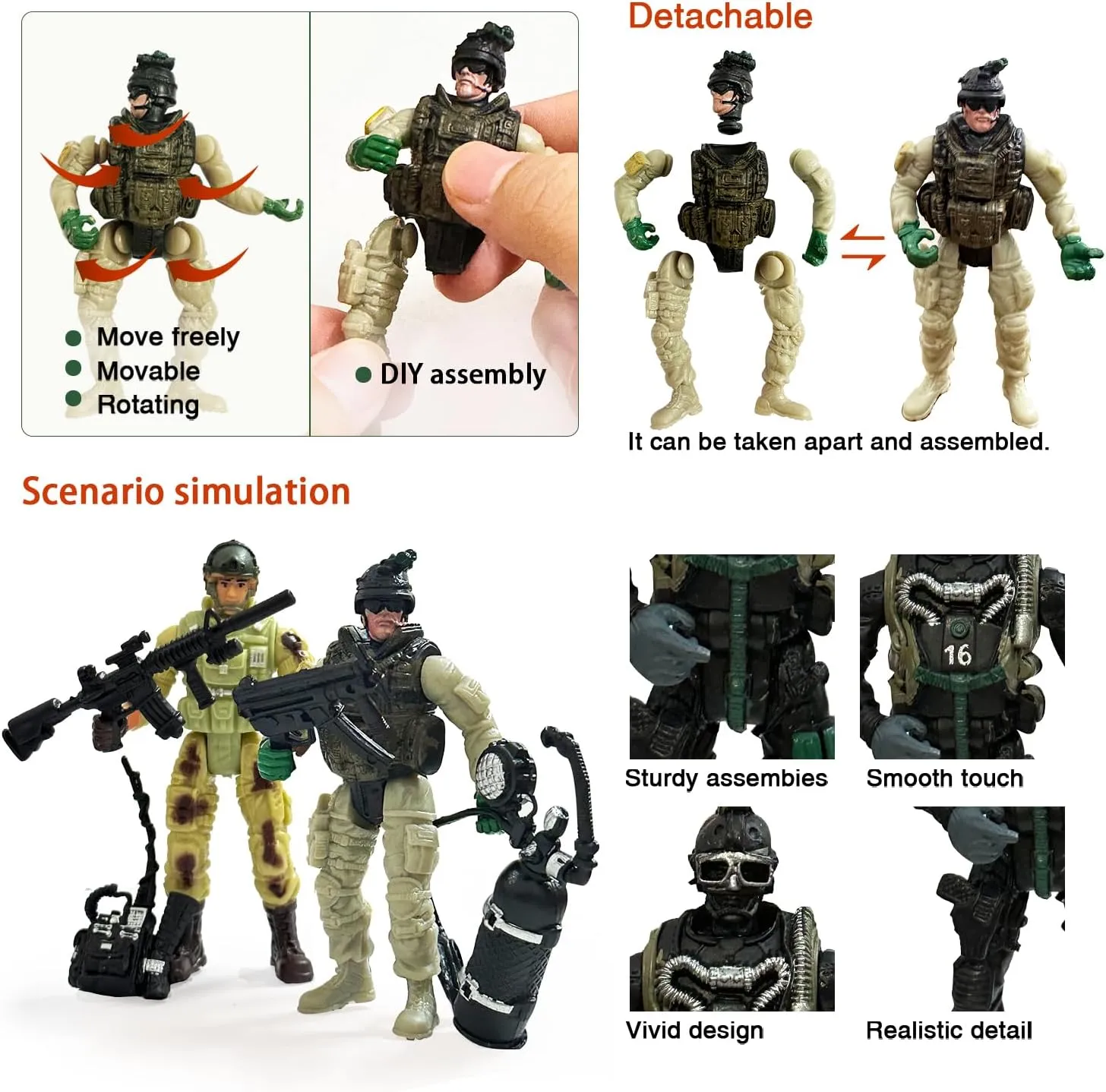 Army Toy Soldiers Figures, 12 Pcs Army Men Toy Set with Weapons Accessories,Realistic US Army Military Playset, Plastic Army Men Easter Birthday Gift for Boys 4-7