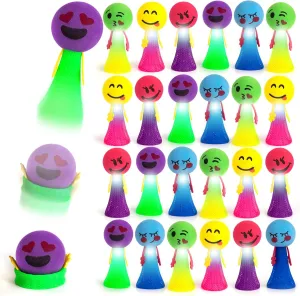 ArtCreativity 24 PCS Emoticon Jumping Popper Toys, Light Up Jumping Spring Launchers with Flashing LED's, Pop Up to 4 Feet High, Kids Jumping Toys, LED Light Up Party Favors for Kids Goodie Bags