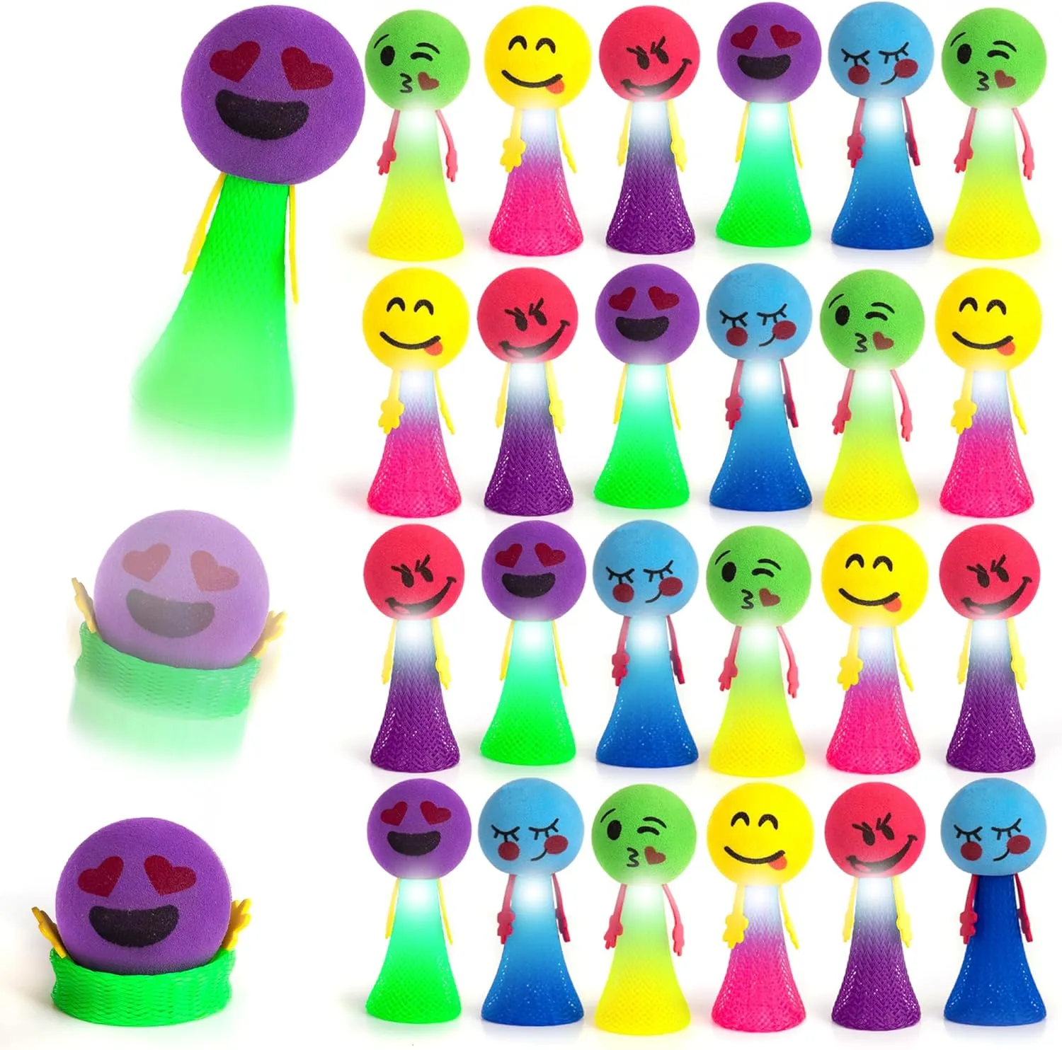 ArtCreativity 24 PCS Emoticon Jumping Popper Toys, Light Up Jumping Spring Launchers with Flashing LED's, Pop Up to 4 Feet High, Kids Jumping Toys, LED Light Up Party Favors for Kids Goodie Bags