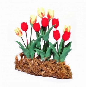 Artificial Tulips on a Mound of Moss,  Red and Yellow Flower Bed