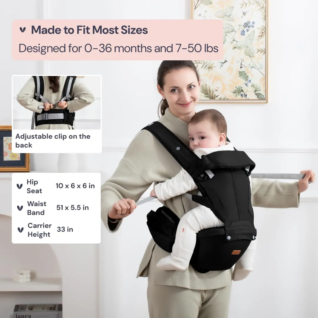 BabbleRoo 6-in-1 Baby Carrier with Hip Seat, Ergonomic, Cozy & Adjustable Toddler Carrier 7-50 lbs with Hip & Lumbar Support, Hood for Sun Protection, Baby Carrier Newborn to Toddler, Black