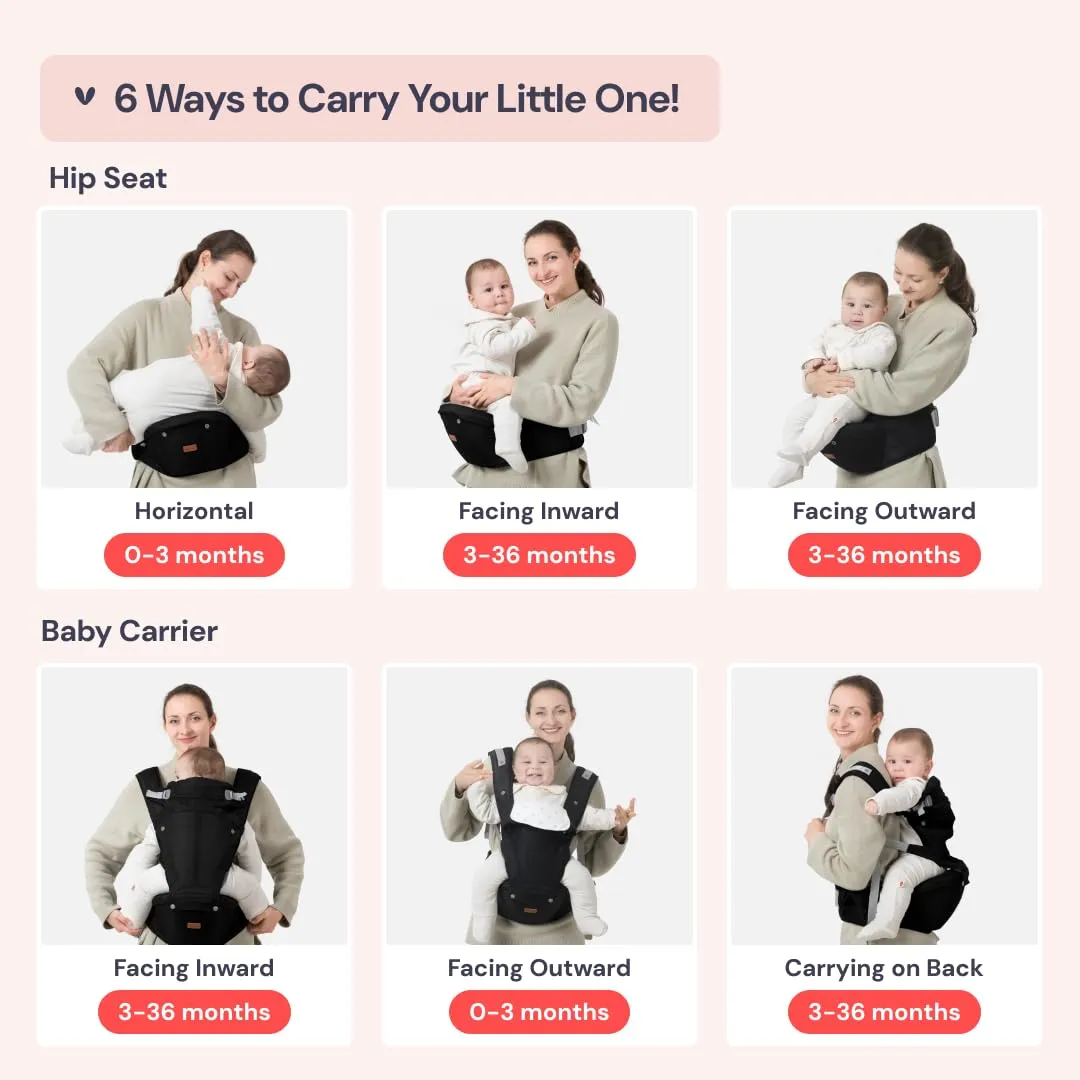 BabbleRoo 6-in-1 Baby Carrier with Hip Seat, Ergonomic, Cozy & Adjustable Toddler Carrier 7-50 lbs with Hip & Lumbar Support, Hood for Sun Protection, Baby Carrier Newborn to Toddler, Black