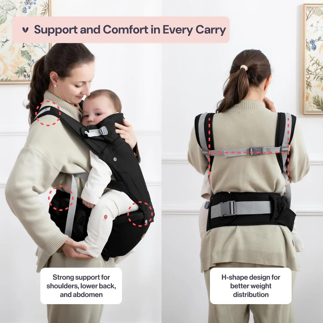 BabbleRoo 6-in-1 Baby Carrier with Hip Seat, Ergonomic, Cozy & Adjustable Toddler Carrier 7-50 lbs with Hip & Lumbar Support, Hood for Sun Protection, Baby Carrier Newborn to Toddler, Black