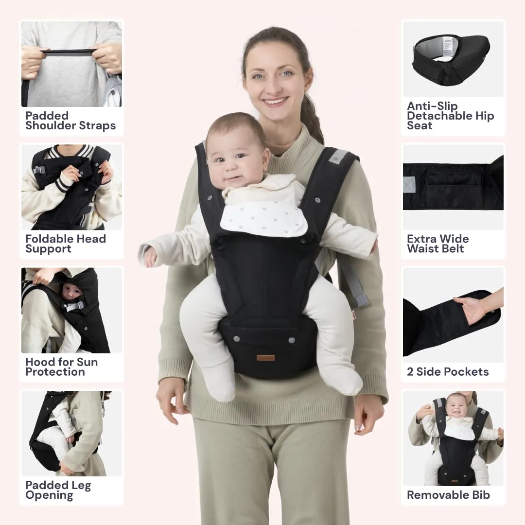 BabbleRoo 6-in-1 Baby Carrier with Hip Seat, Ergonomic, Cozy & Adjustable Toddler Carrier 7-50 lbs with Hip & Lumbar Support, Hood for Sun Protection, Baby Carrier Newborn to Toddler, Black