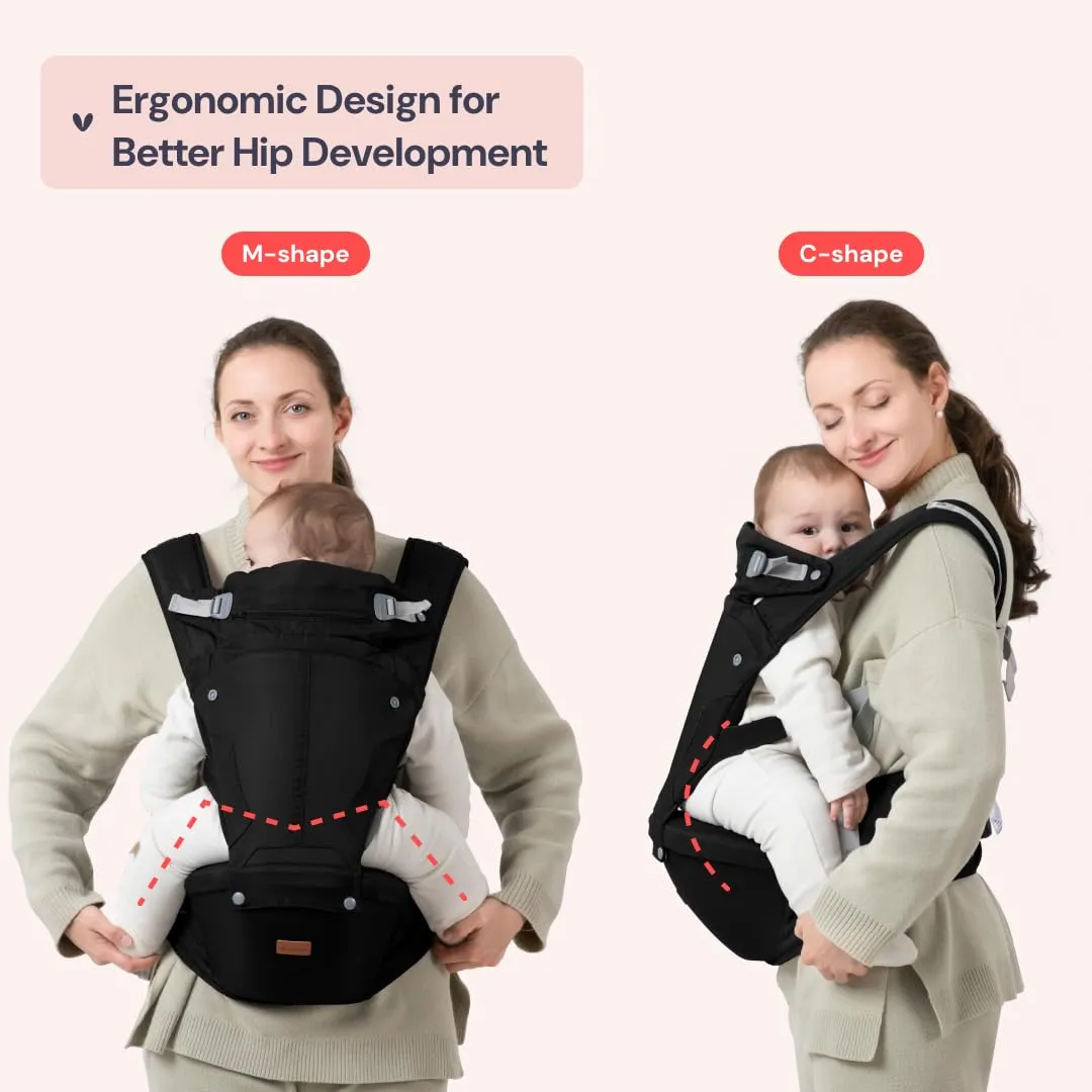 BabbleRoo 6-in-1 Baby Carrier with Hip Seat, Ergonomic, Cozy & Adjustable Toddler Carrier 7-50 lbs with Hip & Lumbar Support, Hood for Sun Protection, Baby Carrier Newborn to Toddler, Black