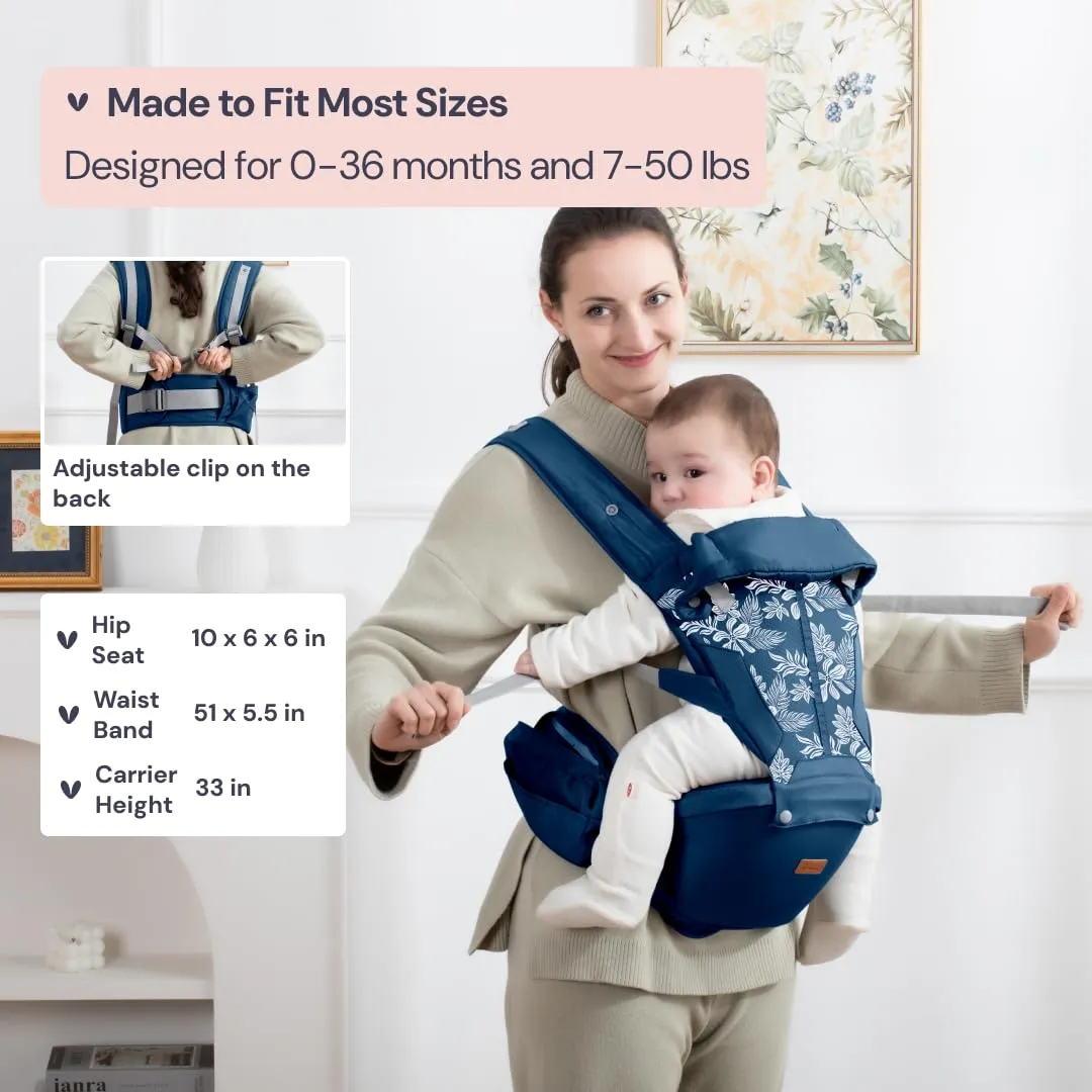 BabbleRoo 6-in-1 Baby Carrier with Hip Seat, Ergonomic, Cozy & Adjustable Toddler Carrier 7-50 lbs with Hip & Lumbar Support, Hood for Sun Protection, Baby Carrier Newborn to Toddler, Denim Leaves