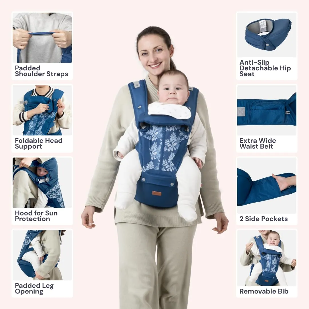 BabbleRoo 6-in-1 Baby Carrier with Hip Seat, Ergonomic, Cozy & Adjustable Toddler Carrier 7-50 lbs with Hip & Lumbar Support, Hood for Sun Protection, Baby Carrier Newborn to Toddler, Denim Leaves