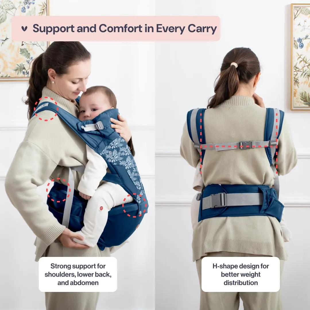 BabbleRoo 6-in-1 Baby Carrier with Hip Seat, Ergonomic, Cozy & Adjustable Toddler Carrier 7-50 lbs with Hip & Lumbar Support, Hood for Sun Protection, Baby Carrier Newborn to Toddler, Denim Leaves