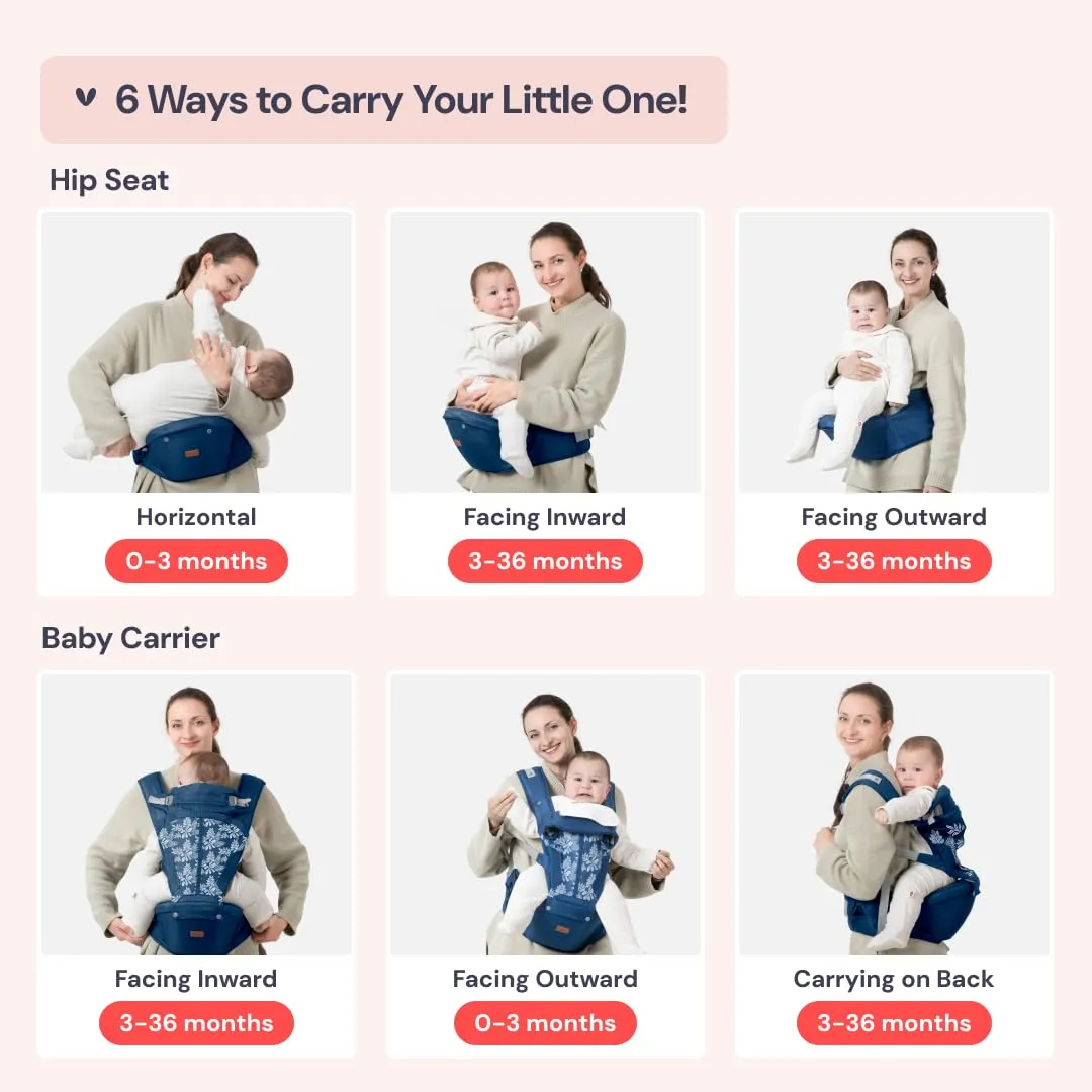 BabbleRoo 6-in-1 Baby Carrier with Hip Seat, Ergonomic, Cozy & Adjustable Toddler Carrier 7-50 lbs with Hip & Lumbar Support, Hood for Sun Protection, Baby Carrier Newborn to Toddler, Denim Leaves