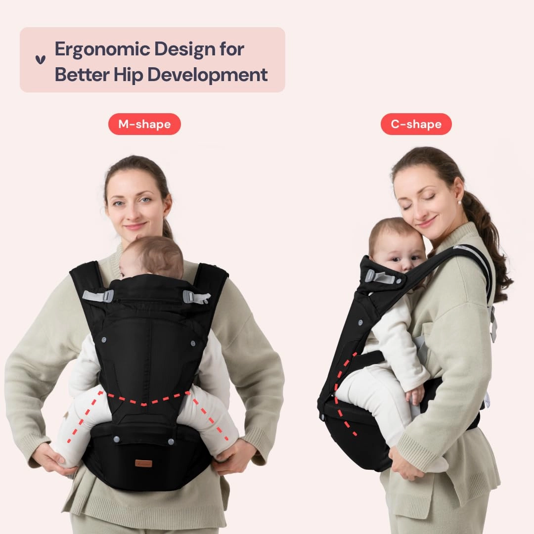 BabbleRoo 6-in-1 Baby Carrier with Hip Seat, Ergonomic, Cozy & Adjustable Toddler Carrier 7-50 lbs with Hip & Lumbar Support, Hood for Sun Protection, Baby Carrier Newborn to Toddler, Black