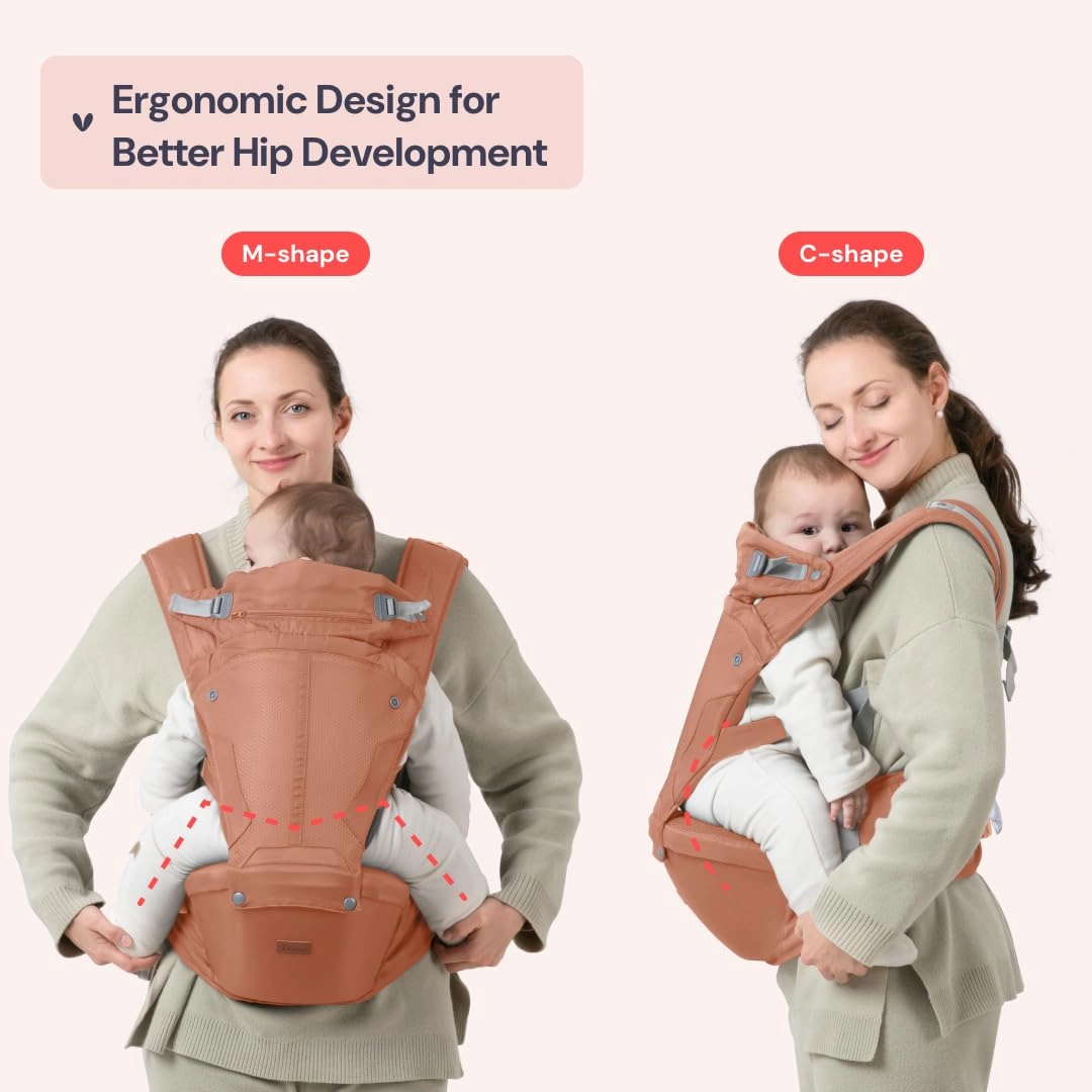 BabbleRoo 6-in-1 Baby Carrier with Hip Seat, Ergonomic, Cozy & Adjustable Toddler Carrier 7-50 lbs with Hip & Lumbar Support, Hood for Sun Protection, Baby Carrier Newborn to Toddler, Kangaroo Rose
