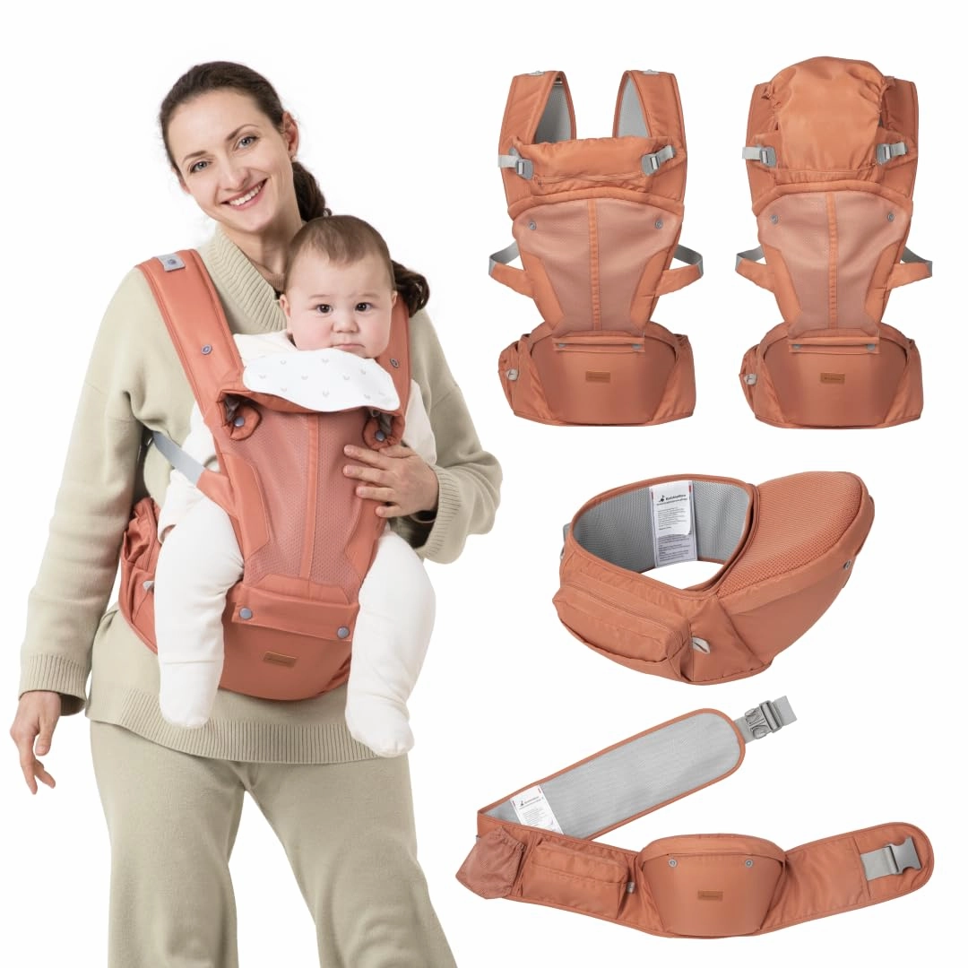 BabbleRoo 6-in-1 Baby Carrier with Hip Seat, Ergonomic, Cozy & Adjustable Toddler Carrier 7-50 lbs with Hip & Lumbar Support, Hood for Sun Protection, Baby Carrier Newborn to Toddler, Kangaroo Rose