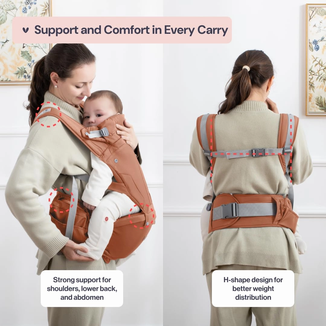 BabbleRoo 6-in-1 Baby Carrier with Hip Seat, Ergonomic, Cozy & Adjustable Toddler Carrier 7-50 lbs with Hip & Lumbar Support, Hood for Sun Protection, Baby Carrier Newborn to Toddler, Kangaroo Rose