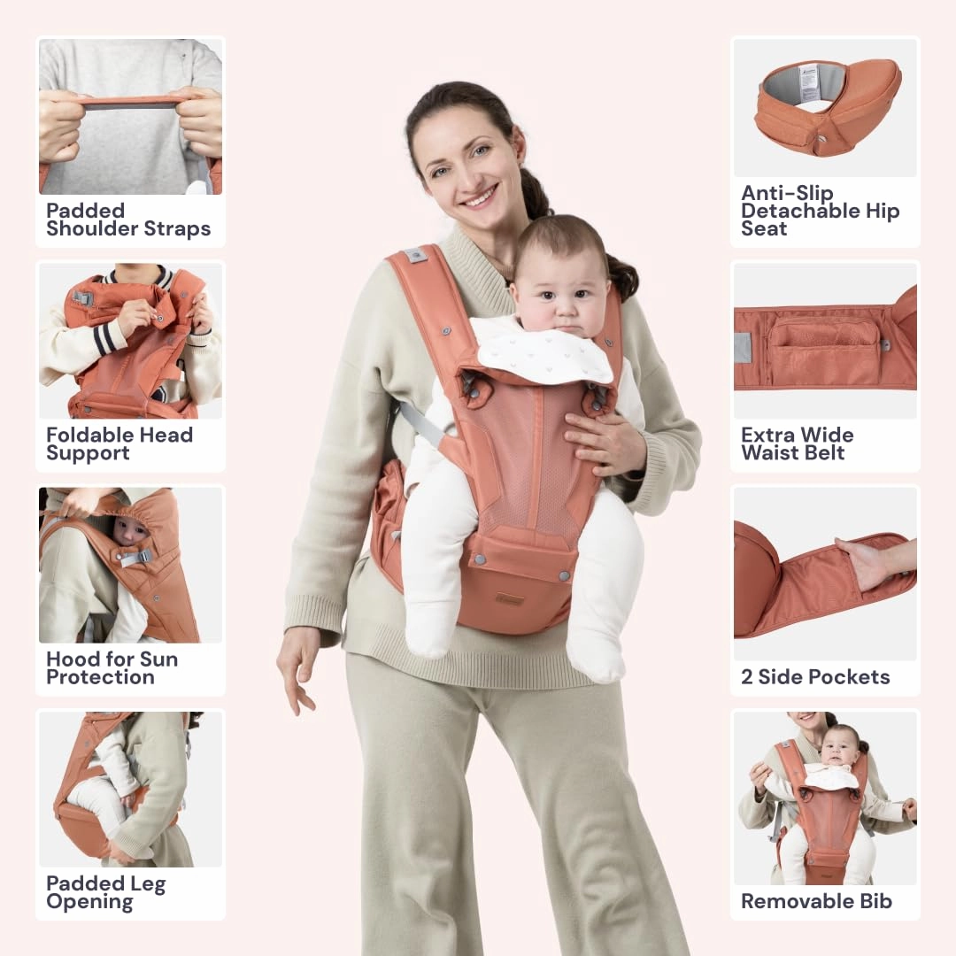 BabbleRoo 6-in-1 Baby Carrier with Hip Seat, Ergonomic, Cozy & Adjustable Toddler Carrier 7-50 lbs with Hip & Lumbar Support, Hood for Sun Protection, Baby Carrier Newborn to Toddler, Kangaroo Rose