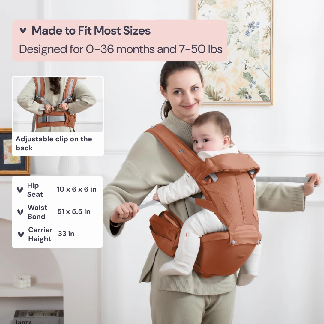 BabbleRoo 6-in-1 Baby Carrier with Hip Seat, Ergonomic, Cozy & Adjustable Toddler Carrier 7-50 lbs with Hip & Lumbar Support, Hood for Sun Protection, Baby Carrier Newborn to Toddler, Kangaroo Rose