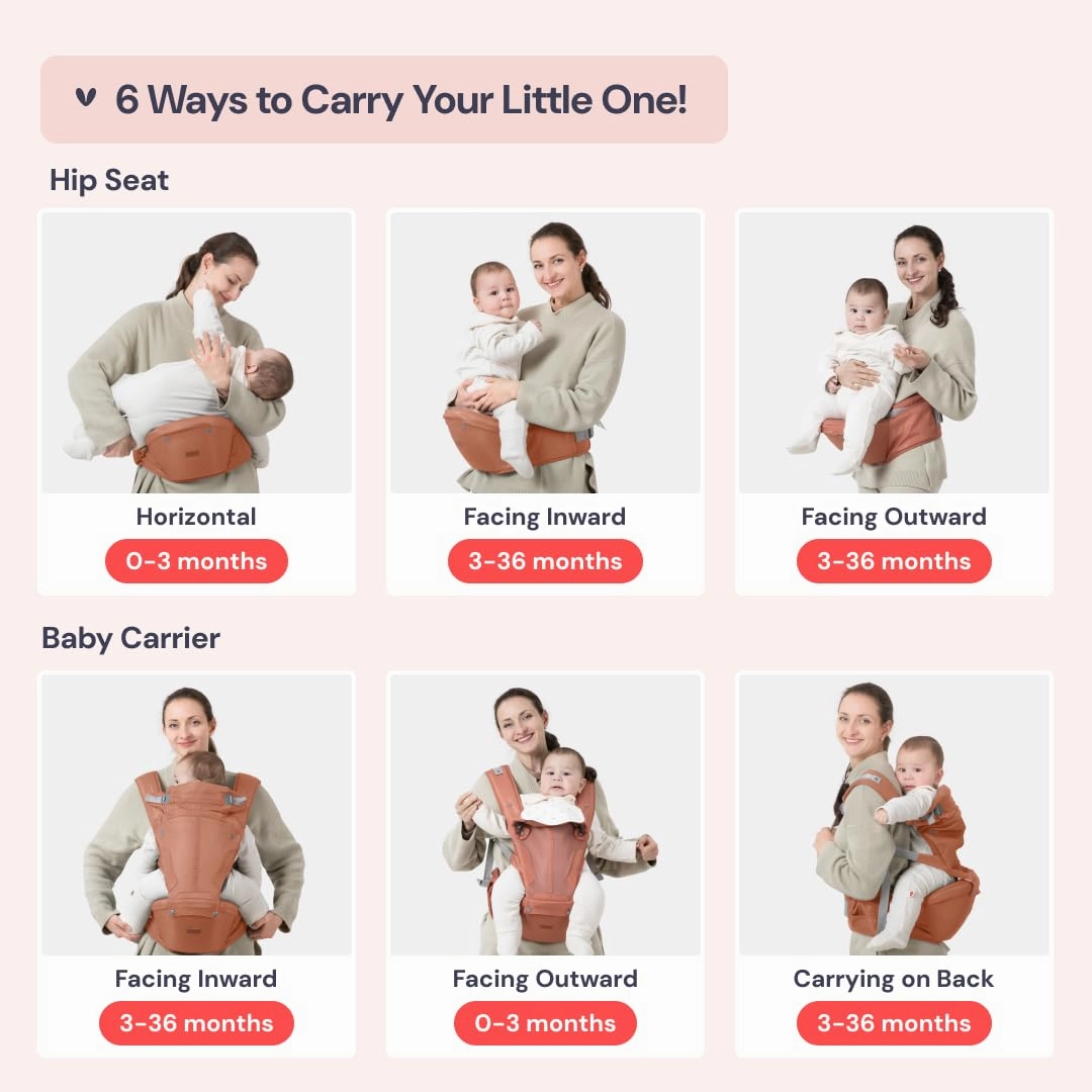 BabbleRoo 6-in-1 Baby Carrier with Hip Seat, Ergonomic, Cozy & Adjustable Toddler Carrier 7-50 lbs with Hip & Lumbar Support, Hood for Sun Protection, Baby Carrier Newborn to Toddler, Kangaroo Rose