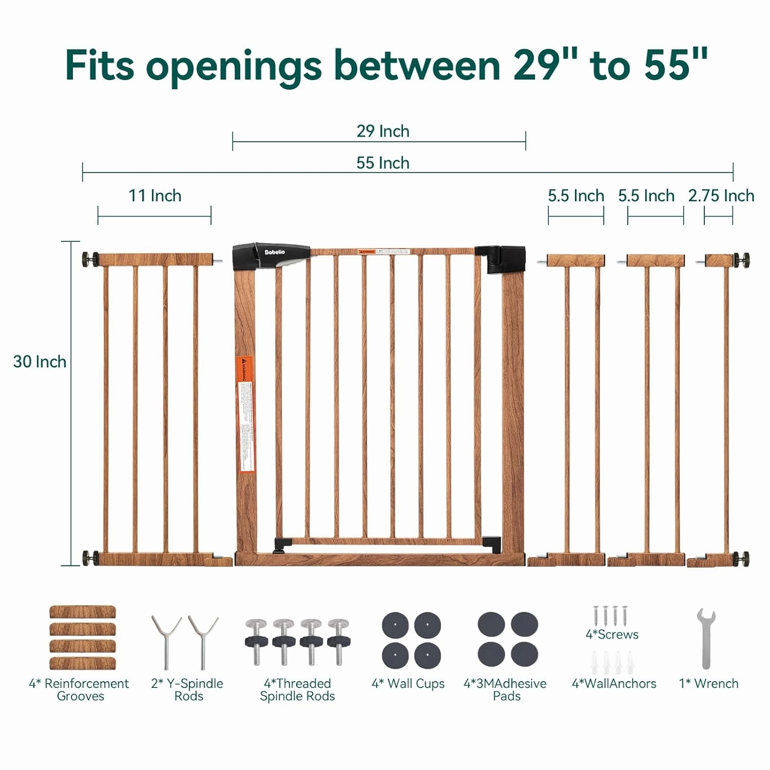 BABELIO 29-55" Extra Wide Baby Gate with Wood Pattern, Metal Auto Close Dog Gate, Pressure Mounted Pet Gate for Doorways, with Y Threaded Spindle Rods, No Tools Required
