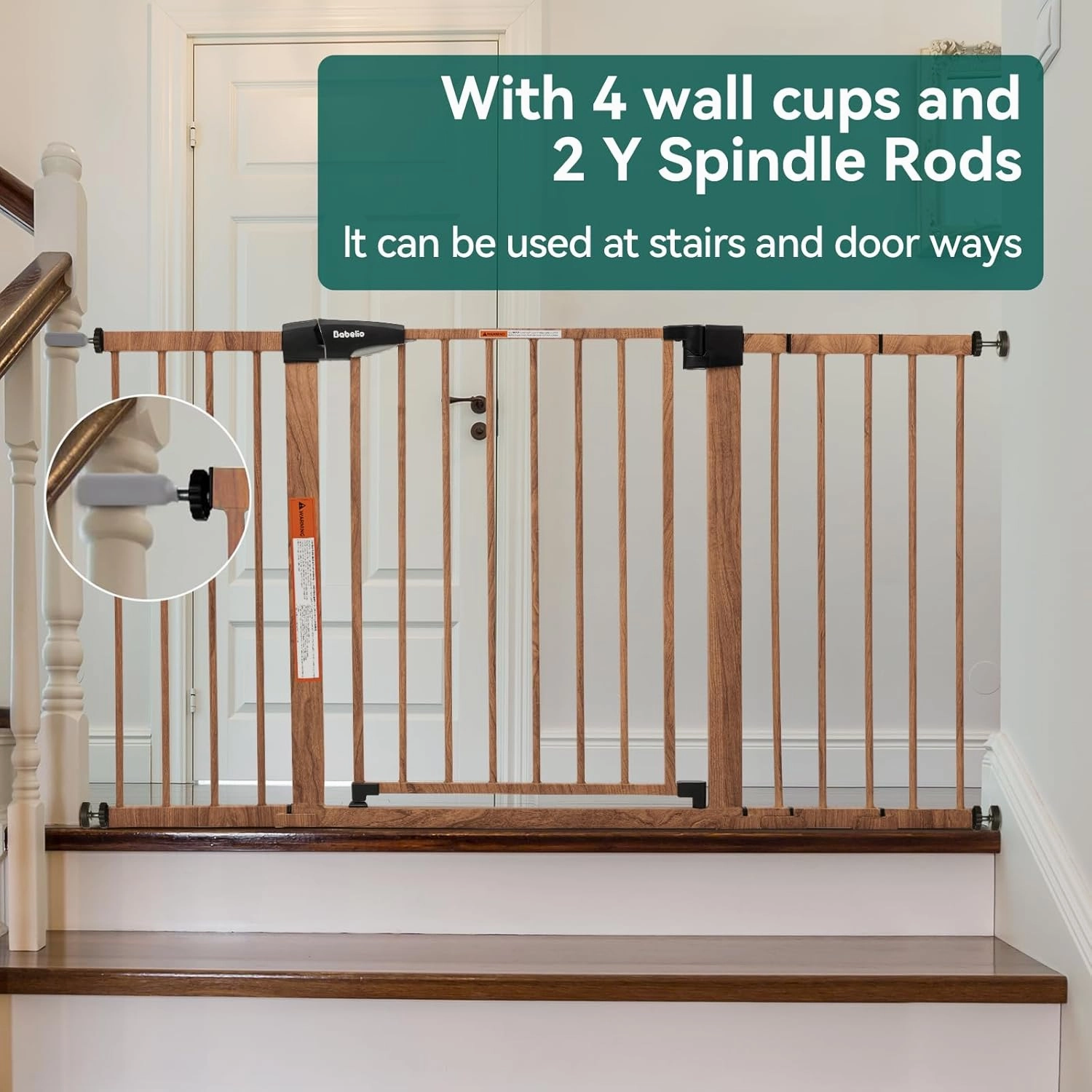 BABELIO 29-55" Extra Wide Baby Gate with Wood Pattern, Metal Auto Close Dog Gate, Pressure Mounted Pet Gate for Doorways, with Y Threaded Spindle Rods, No Tools Required