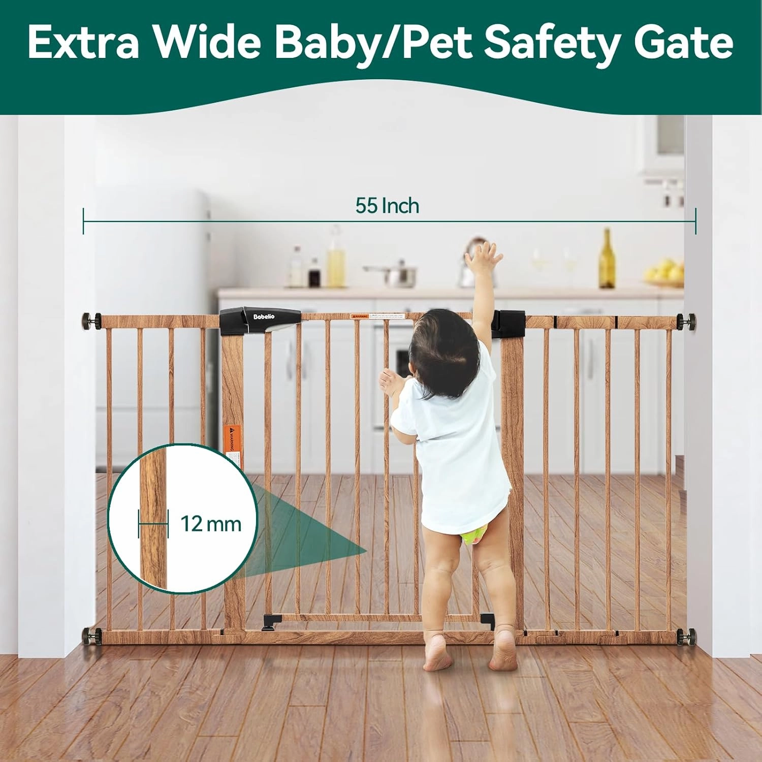 BABELIO 29-55" Extra Wide Baby Gate with Wood Pattern, Metal Auto Close Dog Gate, Pressure Mounted Pet Gate for Doorways, with Y Threaded Spindle Rods, No Tools Required