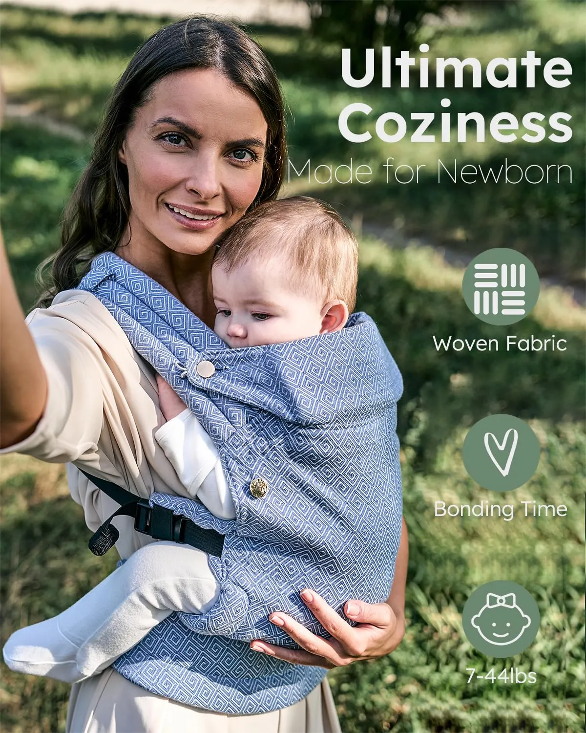 Baby Carrier for Newborn to Toddler, Woven Fabric, Jacquard Weave 100% Cotton, Compact, Adjustable and Ergonomics Infant Carrier with Lumbar Support, 7-44 pounds (Diamond Pattern - Blue)