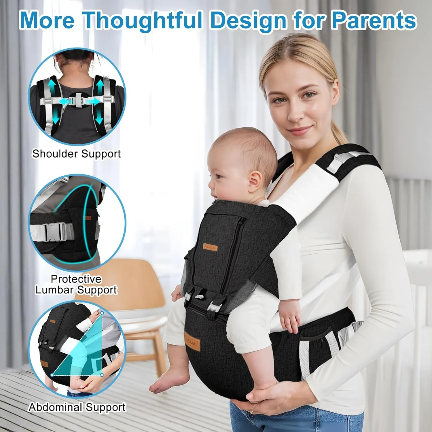 Baby Carrier Newborn to Toddler with Hip Seat & Lumbar Support, 9-in-1 Safety-Certified Wrap Carrier (4-36 Months/7-45lb) - Breathable Mesh Ergonomic Design for Front/Back/Hip Carry, Black