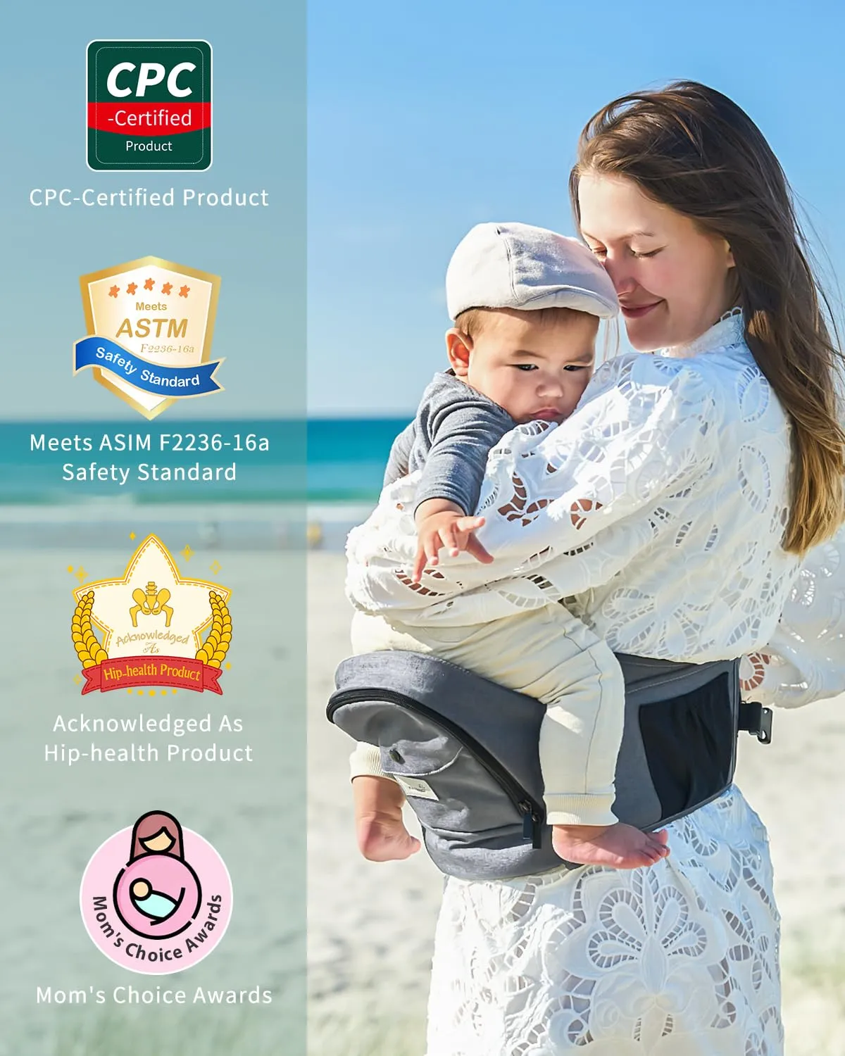 Baby Hip Carrier, GROWNSY Ergonomic Hip Seat Baby Carrier with Multiple Pockets, Adjustable Extended Waistband for Newborns & Toddlers up to 50 lbs, Light Grey