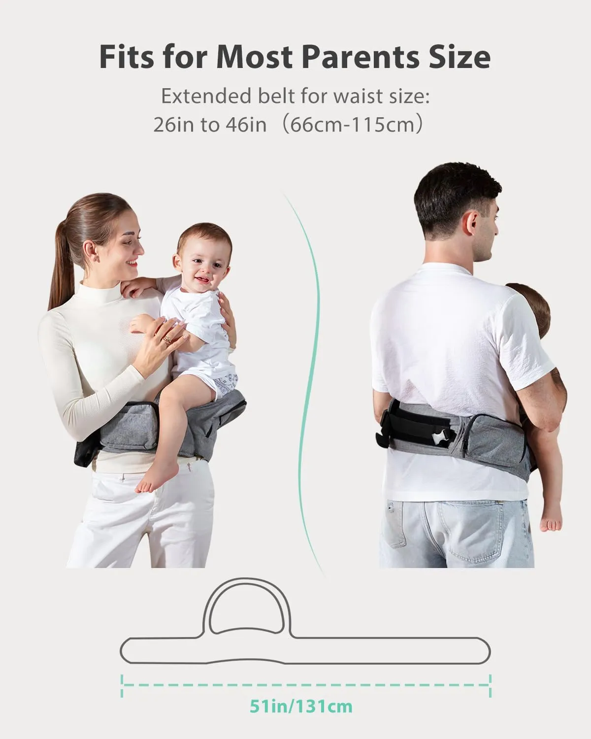 Baby Hip Carrier, GROWNSY Ergonomic Hip Seat Baby Carrier with Multiple Pockets, Adjustable Extended Waistband for Newborns & Toddlers up to 50 lbs, Light Grey