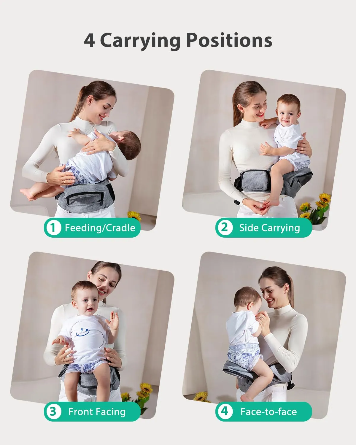 Baby Hip Carrier, GROWNSY Ergonomic Hip Seat Baby Carrier with Multiple Pockets, Adjustable Extended Waistband for Newborns & Toddlers up to 50 lbs, Light Grey