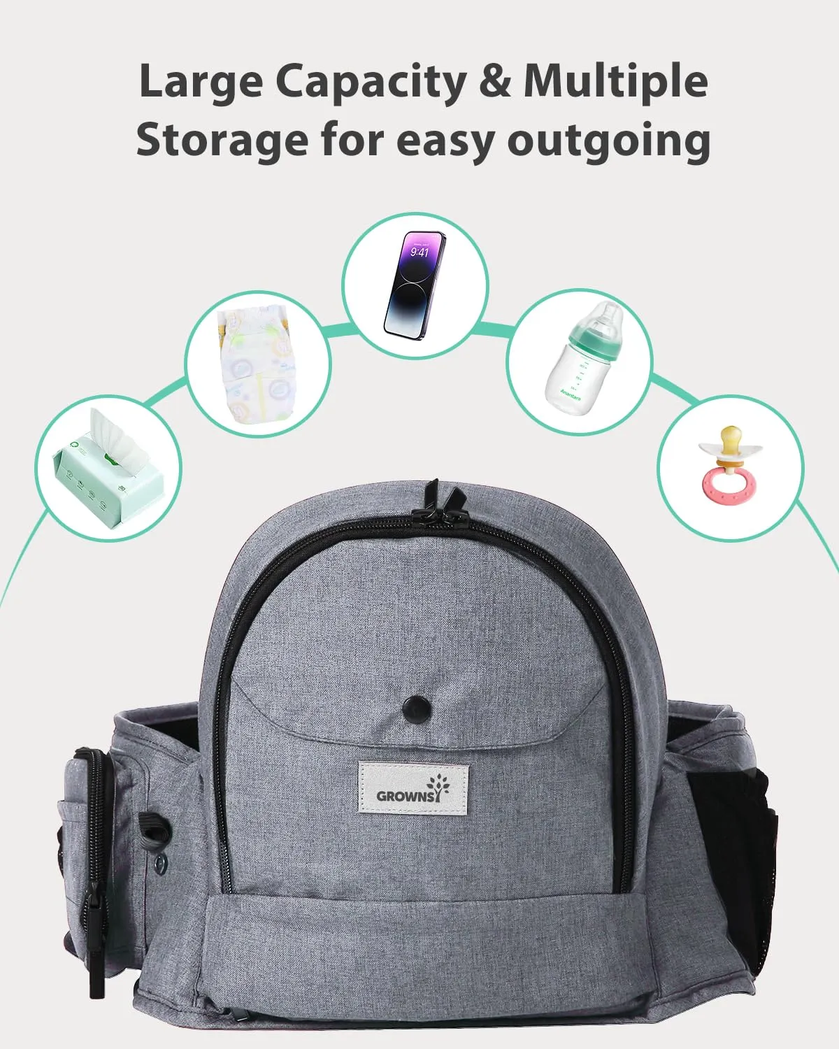 Baby Hip Carrier, GROWNSY Ergonomic Hip Seat Baby Carrier with Multiple Pockets, Adjustable Extended Waistband for Newborns & Toddlers up to 50 lbs, Light Grey