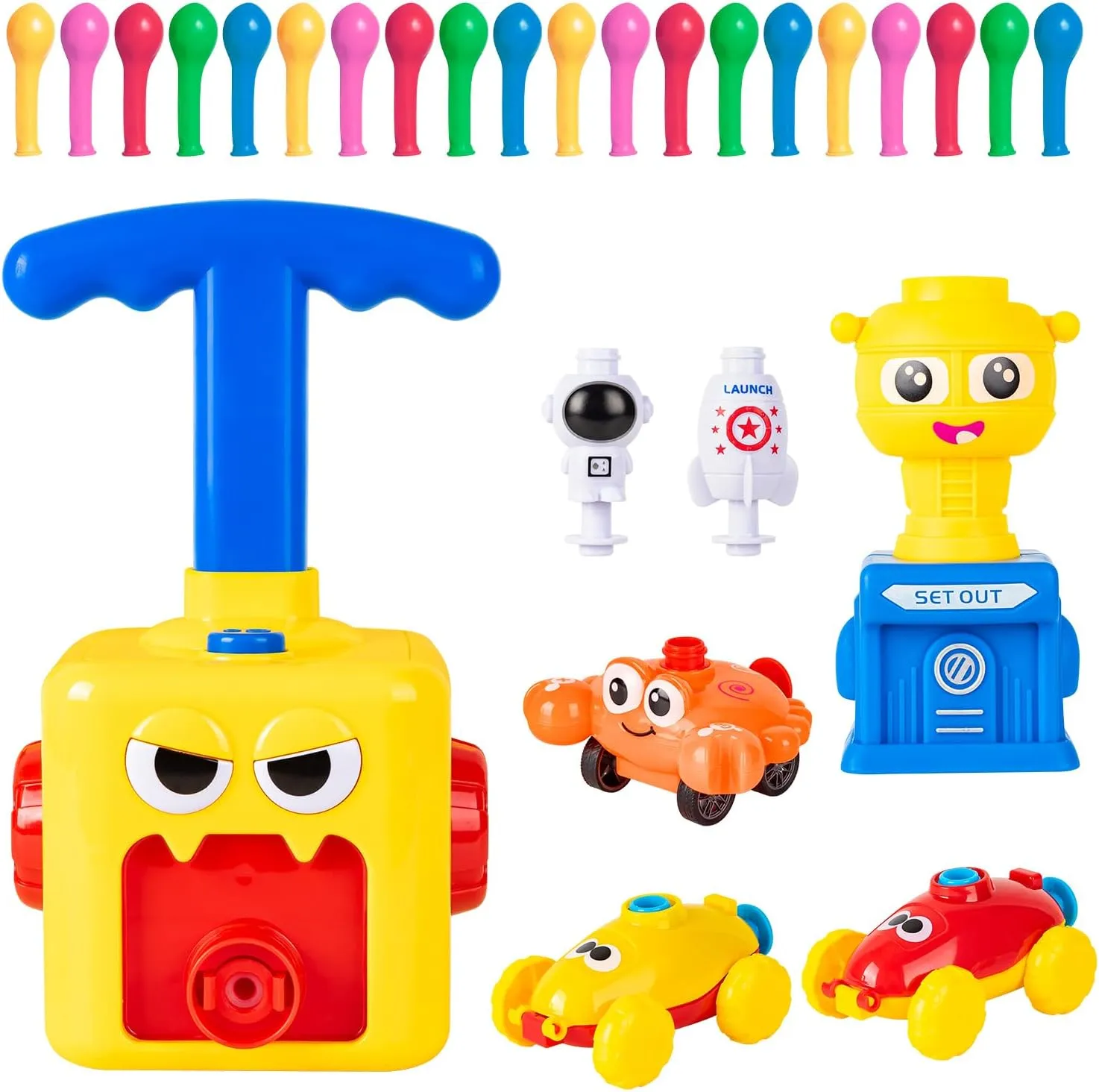 Balloon Launcher Toy Set, Balloon Pump Rocket Launcher with 20 Balloons and 2 Balloon Powered Car Toys, Spaceship Toy, Astronaut Figure, Crab Race Car Toy for Kids 3 4 5 6 7 Years Gifts