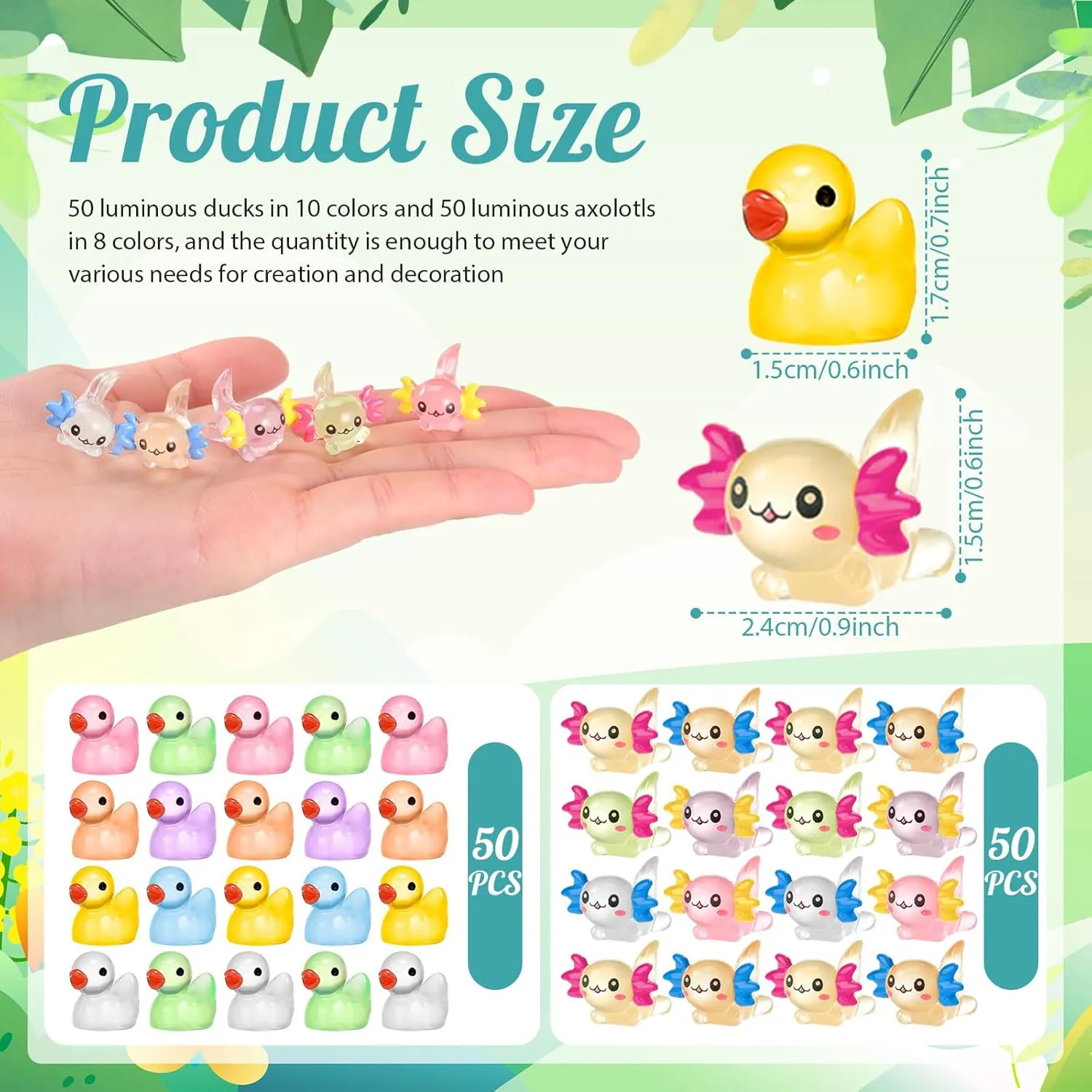 Barydat 200 Pcs Luminous Mini Resin Animals Bulk Glow in The Dark Resin Axolotls Tiny Ducks Miniature Figurines for Hide and See Decor Dollhouse Decor Landscape Garden Fairy Toys for Crafts DIY