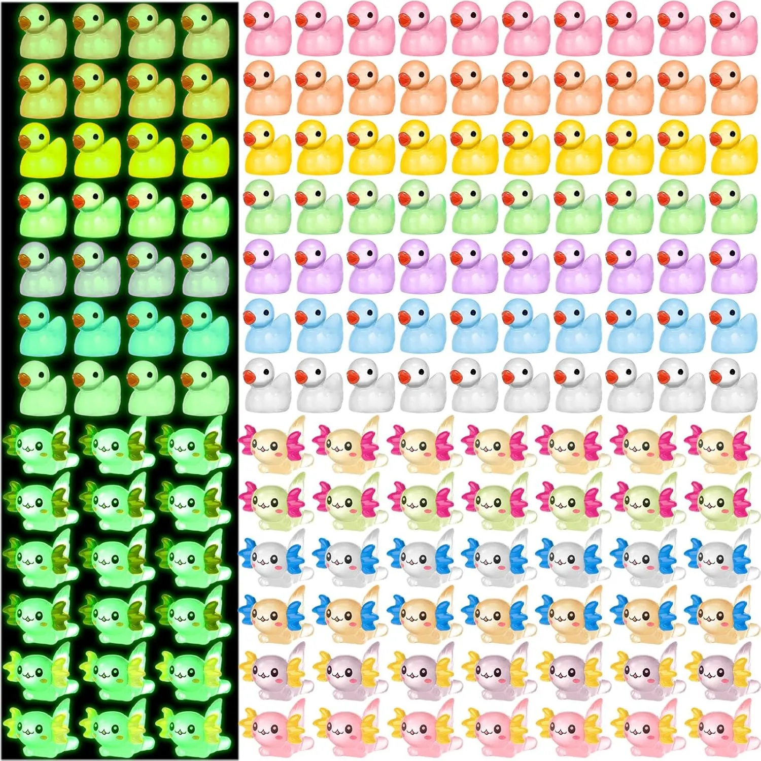Barydat 200 Pcs Luminous Mini Resin Animals Bulk Glow in The Dark Resin Axolotls Tiny Ducks Miniature Figurines for Hide and See Decor Dollhouse Decor Landscape Garden Fairy Toys for Crafts DIY