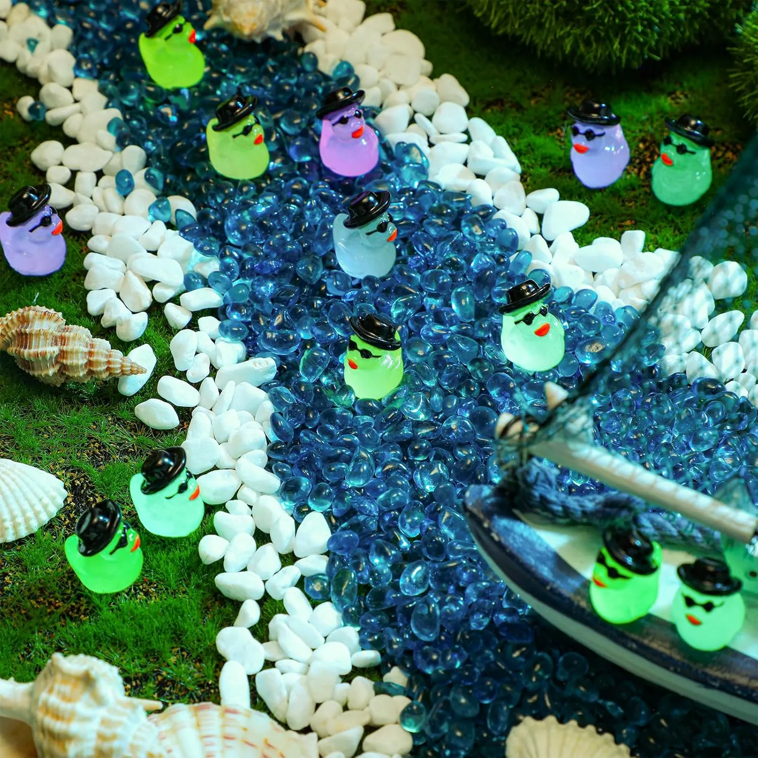 Barydat 250 Pcs Mini Resin Ducks Bulk Glow in The Dark Colorful Tiny Cowboy Duck to Hide Miniature Dollhouse Ornament for Summer Birthday Micro Fairy Landscape Aquarium DIY Craft Cake