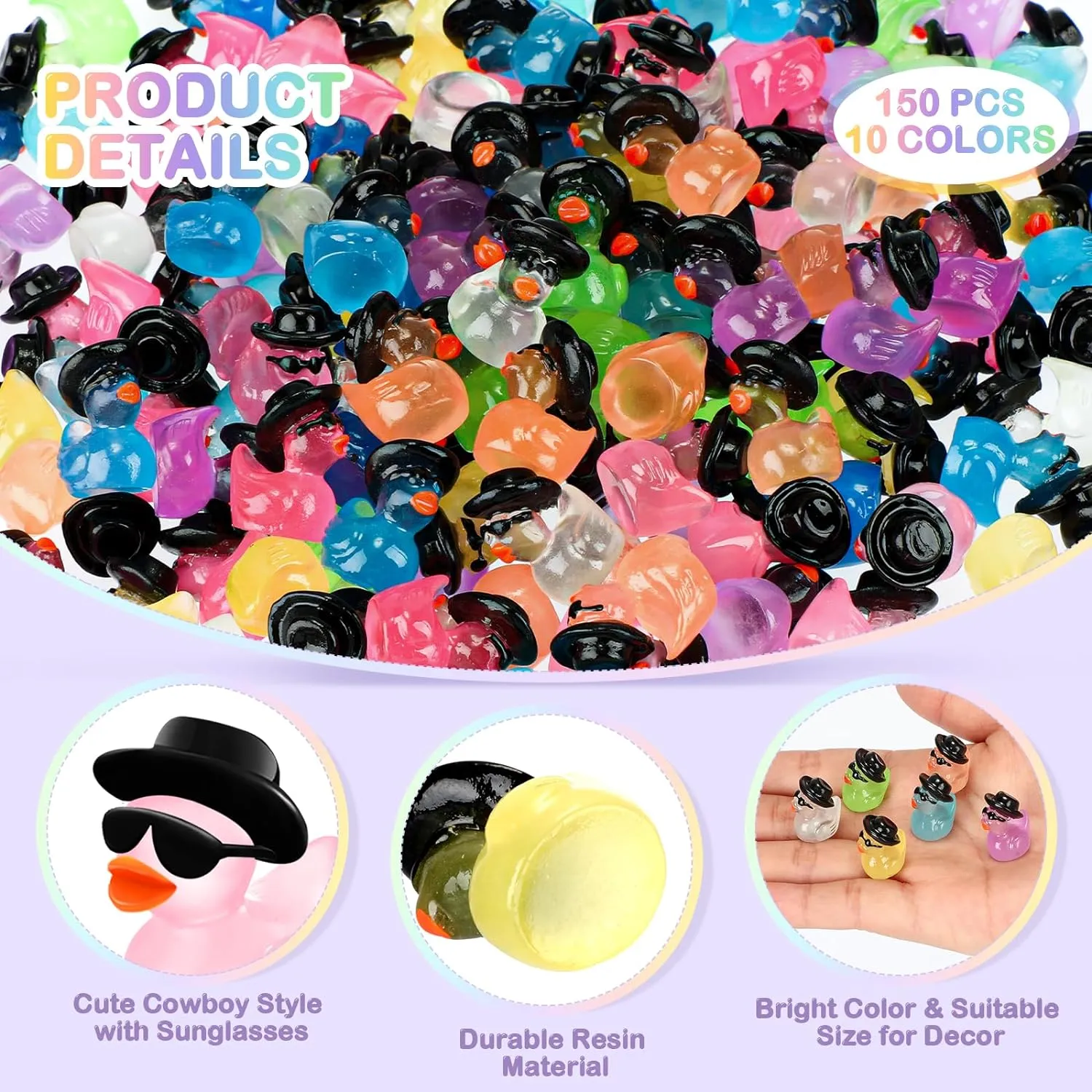 Barydat 250 Pcs Mini Resin Ducks Bulk Glow in The Dark Colorful Tiny Cowboy Duck to Hide Miniature Dollhouse Ornament for Summer Birthday Micro Fairy Landscape Aquarium DIY Craft Cake