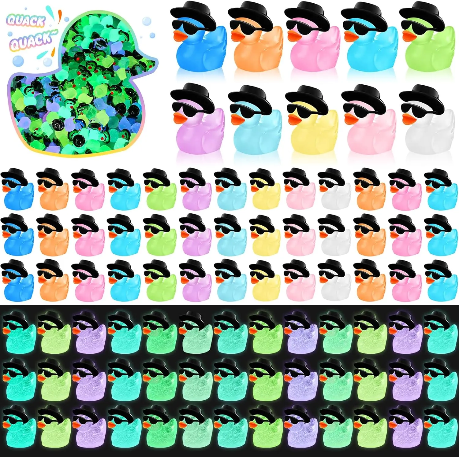 Barydat 250 Pcs Mini Resin Ducks Bulk Glow in The Dark Colorful Tiny Cowboy Duck to Hide Miniature Dollhouse Ornament for Summer Birthday Micro Fairy Landscape Aquarium DIY Craft Cake