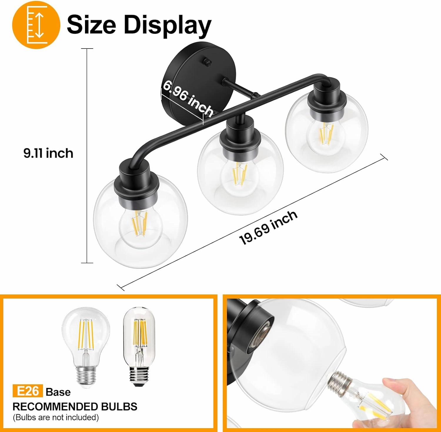 Bathroom Light Fixtures Black Vanity Light, 3 Light Modern Wall Sconces Lighting Bathroom Lights with Globe Clear Glass Shades, Bath Wall Lights Wall Lamp for Mirror Kitchen Living Room Hallway