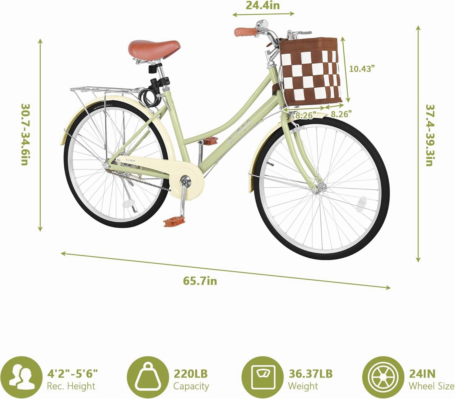 Beach Cruiser Bike for Women, 24 Inch Bikes for Women with Basket, Womens Bicycle with Adjustable Seat, Single Speed City Commuter Cruiser Bike, Adult Bicycle with Rack & Lock