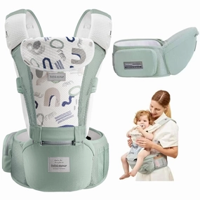 Bebamour Baby Carrier Newborn to Toddler-2 in 1 Hip Seat & Carrier Front and Back Carry with Head Hood & 3 Pieces Teething Pads& Waist Extenders & Storage Bag 0-36 Months (Green)