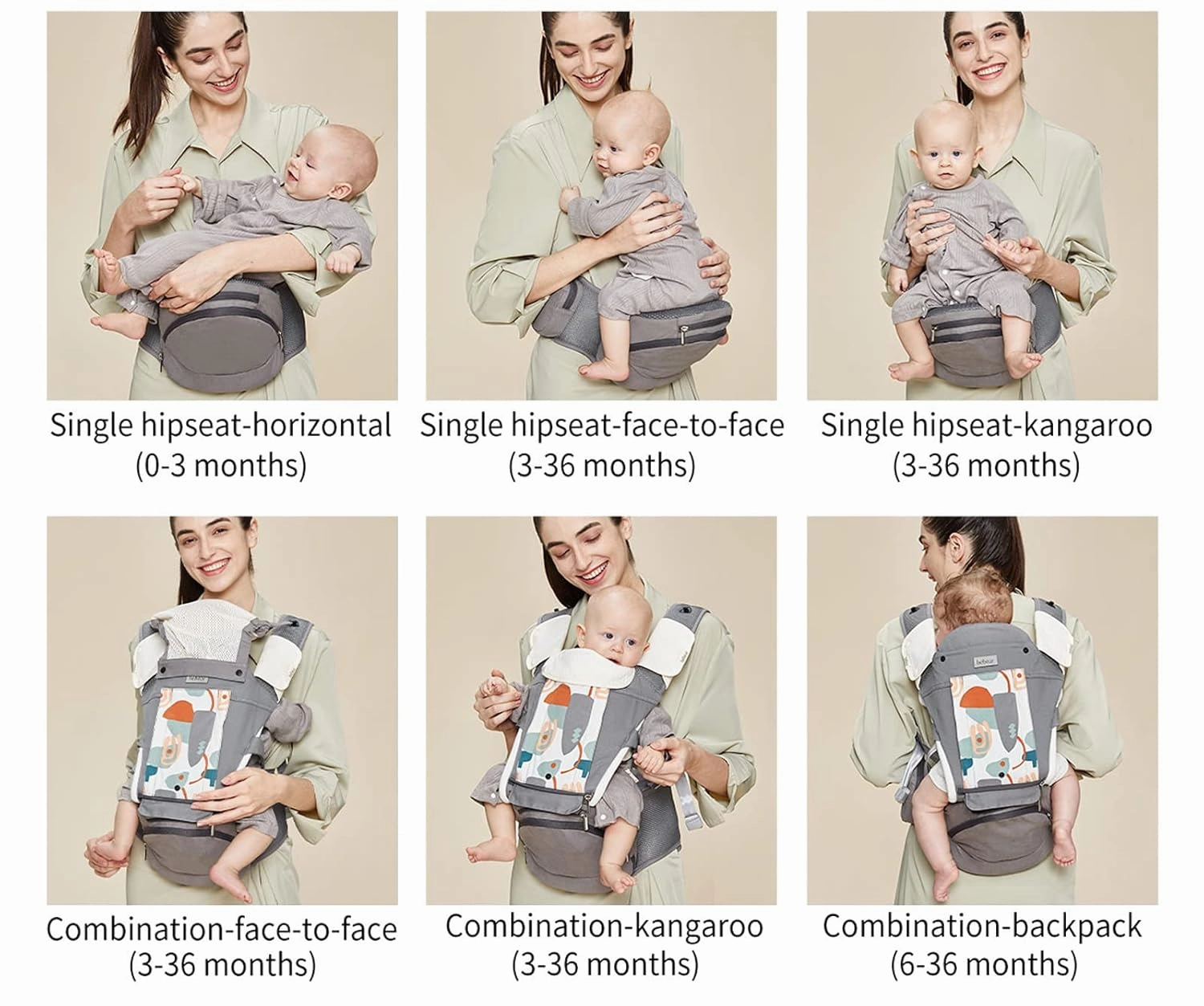 Bebamour Baby Carrier Newborn to Toddler-2 in 1 Hip Seat & Carrier Front and Back Carry with Head Hood & 3 Pieces Teething Pads& Waist Extenders & Storage Bag 0-36 Months (Green)