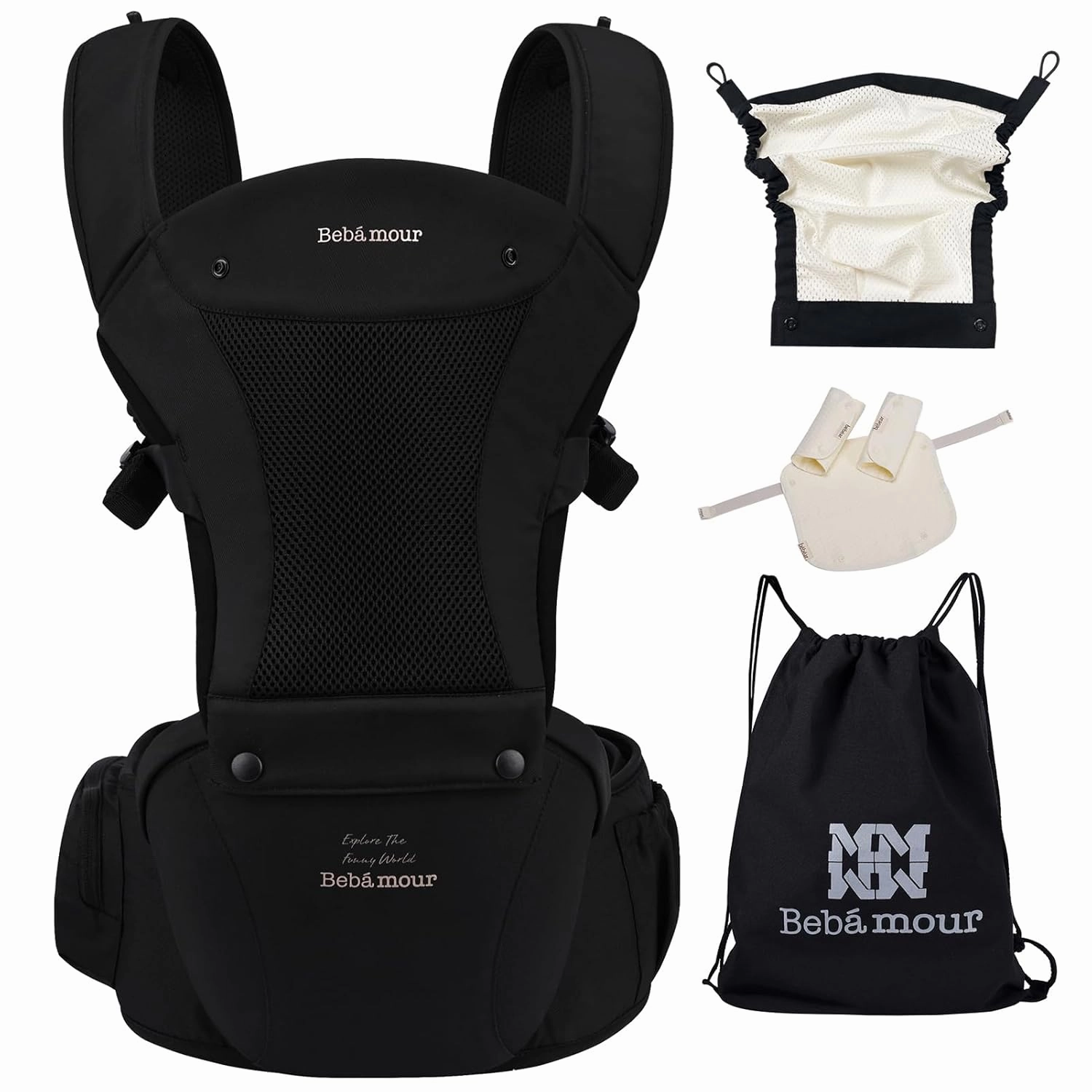 Bebamour Baby Carrier Safety-Certified Hip Seat Baby Carrier Newborn to Toddler Baby Hipseat 0-36Months with Head Hood, 3 PCS Teething Pads, Waist Extender & Storage Bag, Black