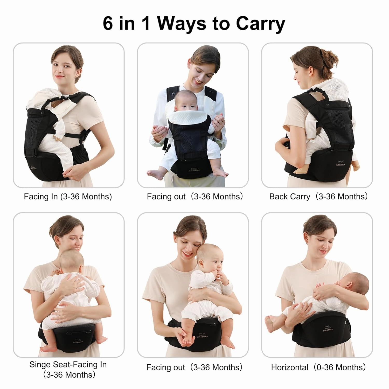 Bebamour Baby Carrier Safety-Certified Hip Seat Baby Carrier Newborn to Toddler Baby Hipseat 0-36Months with Head Hood, 3 PCS Teething Pads, Waist Extender & Storage Bag, Black