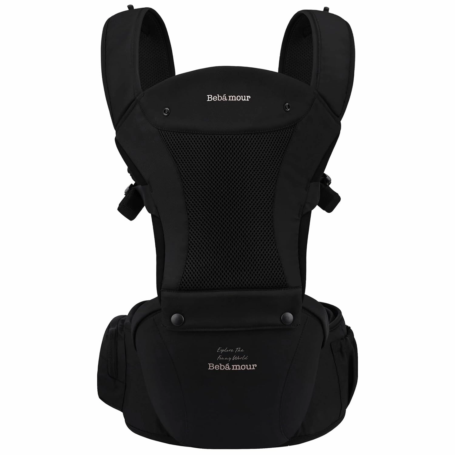 Bebamour Baby Carrier Safety-Certified Hip Seat Baby Carrier Newborn to Toddler Baby Hipseat 0-36Months with Head Hood, 3 PCS Teething Pads, Waist Extender & Storage Bag, Black