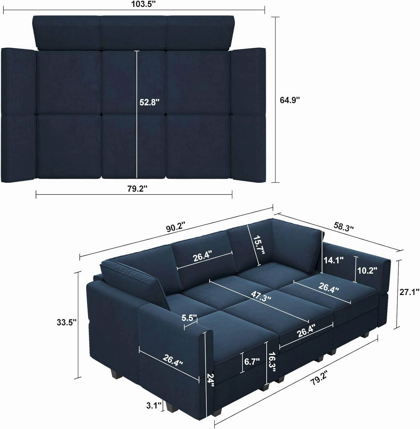 Belffin Modular Velvet Sectional Sofa with Chaise Lounge Sectional Sleeper Sofa with Storage Chaise Bed Couch for Living Room Blue