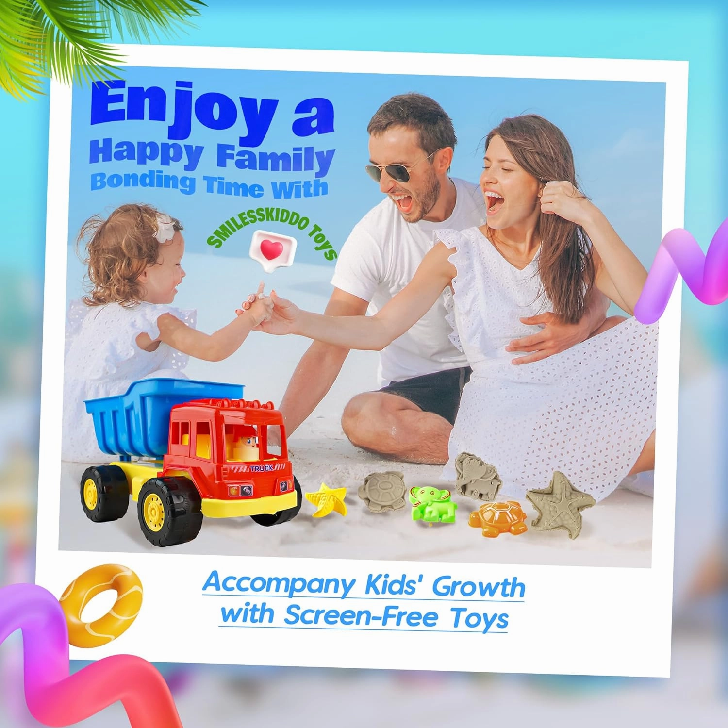 BELLOCHIDDO Beach Toys - Sandbox Toys, Toddler's Dump Construction Truck Includes Shovel, Watering Can, 4 Sand Molds for Kids & Toddlers, Sand Buckets Shovels for Kids, Beach Toy Set